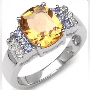 Ring - Stunning Womens Sterling Silver 2.60 CTW Citrine Tanzanite &Topaz Size 7